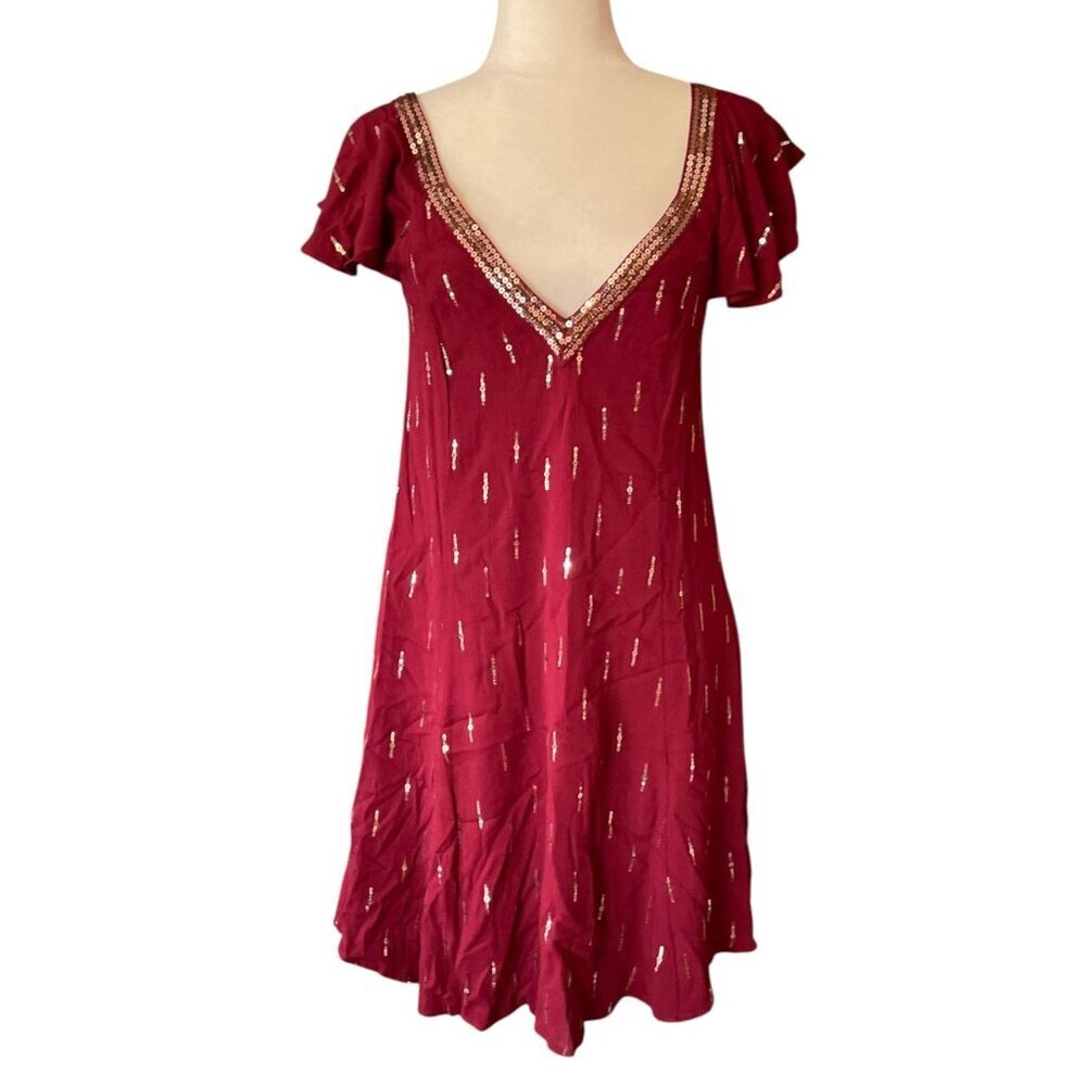 NWT Altar'd State Deenie Boho Burgundy Mini Dress SZ M Gold Sequin Whimsigoth - Picture 7 of 13
